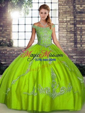 Dazzling Green Ball Gowns Tulle Off The Shoulder Sleeveless Beading and Embroidery Floor Length Lace Up Quinceanera Gowns