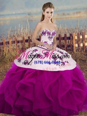 Fuchsia Sleeveless Embroidery and Ruffles and Bowknot Floor Length Sweet 16 Dresses