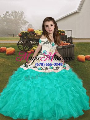 Turquoise Little Girls Pageant Dress Party and Military Ball and Wedding Party with Embroidery and Ruffles Straps Long Sleeves Lace Up