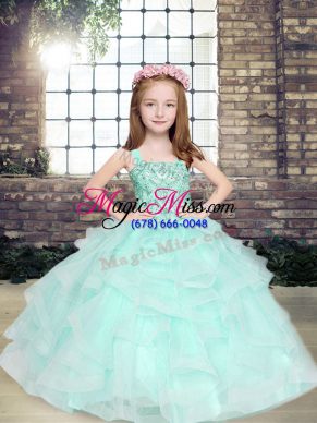 Apple Green Ball Gowns Beading and Ruffles Girls Pageant Dresses Lace Up Tulle Sleeveless Floor Length