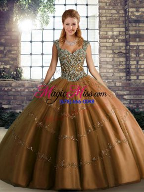 Deluxe Straps Sleeveless Sweet 16 Dress Floor Length Beading and Appliques Brown Tulle
