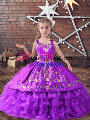 Perfect Lavender Little Girl Pageant Dress Wedding Party with Embroidery and Ruffled Layers Straps Sleeveless Lace Up