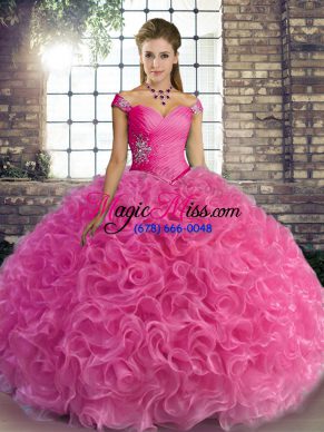 Ideal Rose Pink Fabric With Rolling Flowers Lace Up Off The Shoulder Sleeveless Floor Length Sweet 16 Quinceanera Dress Beading