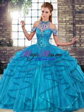 Dazzling Blue Halter Top Neckline Beading and Ruffles Ball Gown Prom Dress Sleeveless Lace Up