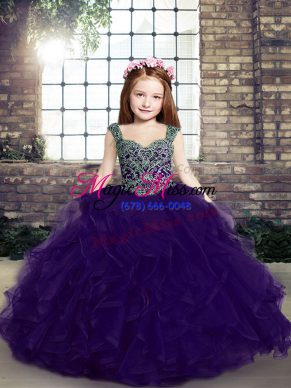 Straps Sleeveless Little Girl Pageant Dress Floor Length Beading and Ruffles Purple Tulle