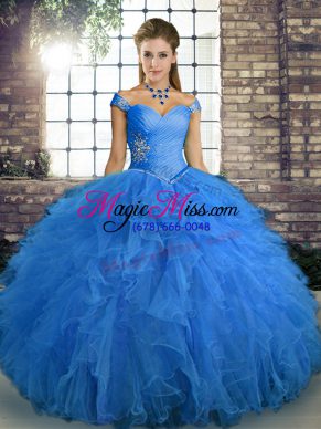Nice Blue Tulle Lace Up Off The Shoulder Sleeveless Floor Length Quinceanera Dress Beading and Ruffles