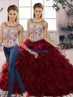 Burgundy Two Pieces Beading and Ruffles Quince Ball Gowns Lace Up Organza Sleeveless Floor Length