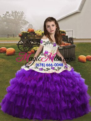 Straps Sleeveless Little Girls Pageant Gowns Floor Length Embroidery and Ruffled Layers Eggplant Purple Organza