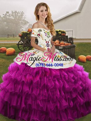 Fuchsia Ball Gowns Off The Shoulder Sleeveless Organza Floor Length Lace Up Embroidery and Ruffled Layers Quinceanera Dress