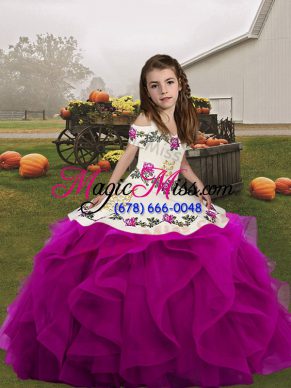 Exquisite Fuchsia Straps Lace Up Embroidery and Ruffles Little Girl Pageant Dress Sleeveless