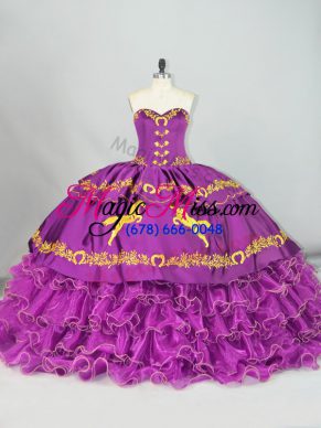 Customized Satin and Organza Sweetheart Sleeveless Brush Train Lace Up Embroidery and Ruffles Ball Gown Prom Dress in Purple