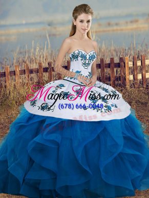 Flirting Sleeveless Floor Length Embroidery and Ruffles and Bowknot Lace Up Vestidos de Quinceanera with Blue And White