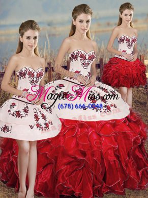 Floor Length Lace Up 15 Quinceanera Dress White And Red for Military Ball and Sweet 16 and Quinceanera with Embroidery and Ruffles and Bowknot