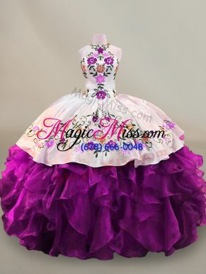 Popular Purple High-neck Lace Up Embroidery Quinceanera Gowns Sleeveless