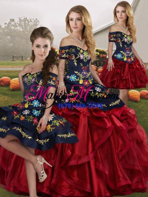 Off The Shoulder Sleeveless Organza 15th Birthday Dress Embroidery and Ruffles Lace Up
