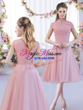 Custom Design Tea Length Pink Dama Dress High-neck Cap Sleeves Zipper