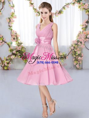 New Arrival V-neck Sleeveless Chiffon Dama Dress for Quinceanera Hand Made Flower Lace Up