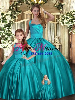 Sleeveless Satin Floor Length Lace Up Quinceanera Gowns in Teal with Ruching