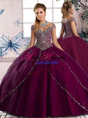 Sexy Purple Ball Gowns Tulle Sweetheart Cap Sleeves Beading Lace Up Quinceanera Gowns Brush Train