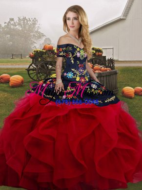Lovely Red And Black Tulle Lace Up Off The Shoulder Sleeveless Floor Length Sweet 16 Dress Embroidery and Ruffles