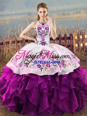 Sleeveless Floor Length Embroidery and Ruffles Lace Up 15 Quinceanera Dress with White And Purple