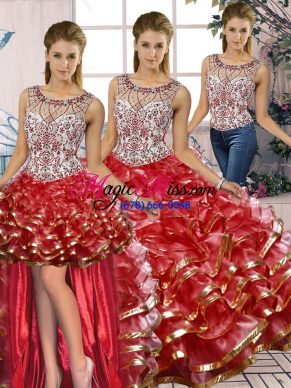 Gorgeous Beading and Ruffles Quinceanera Dresses Red Lace Up Sleeveless Floor Length