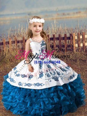 New Style Organza Straps Sleeveless Lace Up Embroidery and Ruffles Little Girls Pageant Dress in Blue