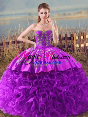 Pretty Sweetheart Sleeveless Sweet 16 Dresses Brush Train Embroidery and Ruffles Eggplant Purple and Purple Fabric With Rolling Flowers