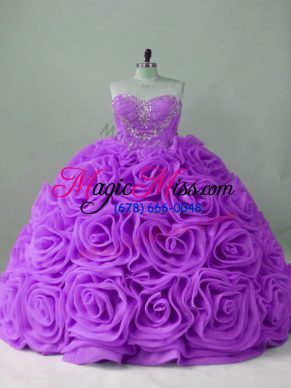 Lavender Fabric With Rolling Flowers Lace Up Sweetheart Sleeveless 15 Quinceanera Dress Brush Train Beading