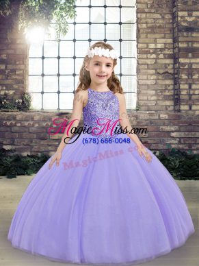 Best Lavender Ball Gowns Tulle Scoop Sleeveless Beading Floor Length Lace Up Girls Pageant Dresses