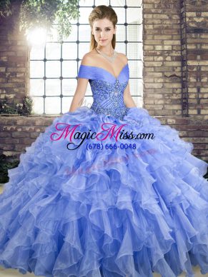 Sleeveless Brush Train Beading and Ruffles Lace Up Quince Ball Gowns
