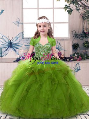 Straps Sleeveless Little Girl Pageant Dress Floor Length Beading Olive Green Tulle