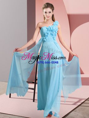 Decent Aqua Blue Empire One Shoulder Sleeveless Chiffon Floor Length Lace Up Hand Made Flower Wedding Guest Dresses