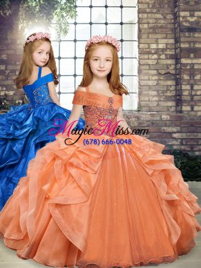 Orange Ball Gowns Straps Sleeveless Organza Floor Length Lace Up Beading and Ruffles Pageant Gowns For Girls