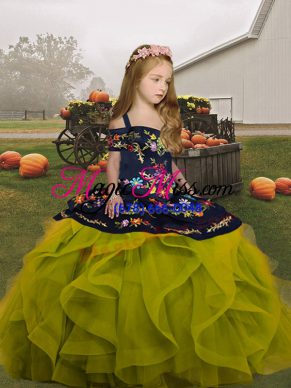 Sleeveless Lace Up Floor Length Embroidery and Ruffles Little Girl Pageant Gowns