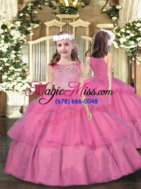 Pink Organza Zipper Scoop Sleeveless Floor Length Girls Pageant Dresses Beading and Ruffled Layers