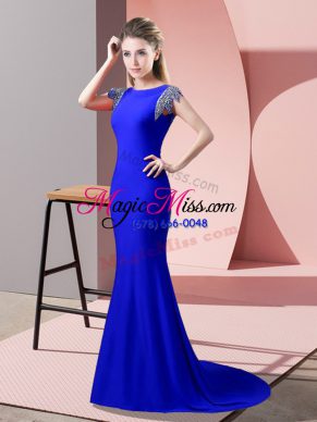 Trendy Royal Blue Dress for Prom High-neck Short Sleeves Brush Train Backless