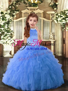 Floor Length Ball Gowns Sleeveless Blue Little Girl Pageant Dress Backless