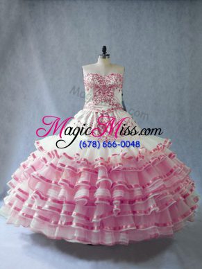 Traditional Embroidery and Ruffled Layers and Bowknot Sweet 16 Dresses Pink And White Lace Up Sleeveless Floor Length