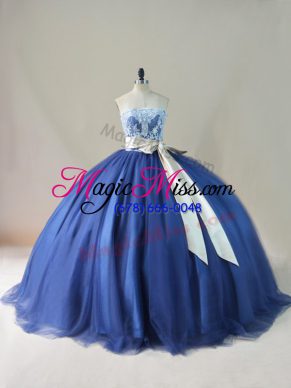 Navy Blue Lace Up Scoop Appliques and Sashes ribbons and Bowknot Sweet 16 Dresses Tulle Sleeveless Brush Train