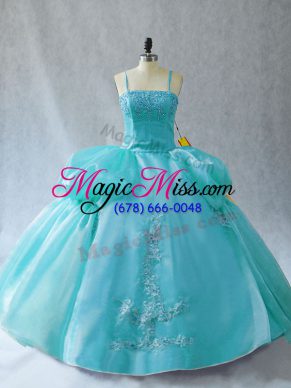 High Class Ball Gowns Quinceanera Dress Aqua Blue Straps Organza Sleeveless Floor Length Lace Up