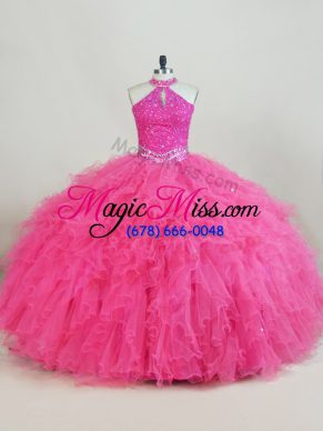 Hot Pink Tulle Lace Up Halter Top Sleeveless Floor Length Sweet 16 Dresses Beading and Ruffles