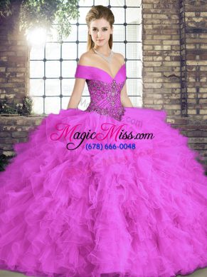 Fine Lilac Sleeveless Floor Length Beading and Ruffles Lace Up Vestidos de Quinceanera