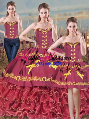 Smart Burgundy Lace Up Sweetheart Embroidery and Ruffles Quinceanera Dresses Organza Sleeveless Brush Train