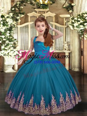Super Teal Ball Gowns Straps Sleeveless Tulle Floor Length Lace Up Appliques and Ruching Pageant Gowns