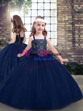 Ball Gowns Little Girls Pageant Gowns Navy Blue Straps Tulle Sleeveless Floor Length Lace Up
