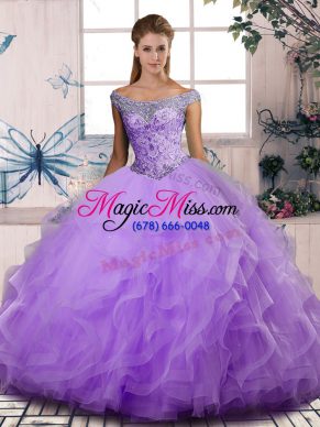 Luxury Floor Length Lavender Sweet 16 Dresses Tulle Sleeveless Beading and Ruffles