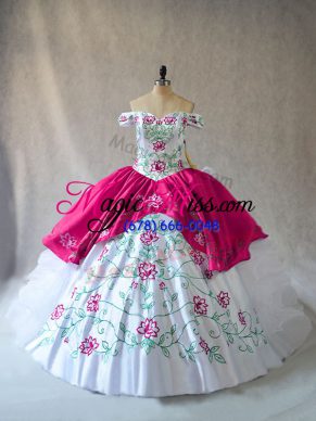 Ball Gowns Quinceanera Dresses Pink And White Off The Shoulder Organza Sleeveless Floor Length Lace Up
