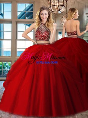 Pretty Red Sleeveless Floor Length Beading Backless Quince Ball Gowns
