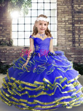 Customized Floor Length Blue Little Girl Pageant Gowns Tulle Sleeveless Beading and Ruching